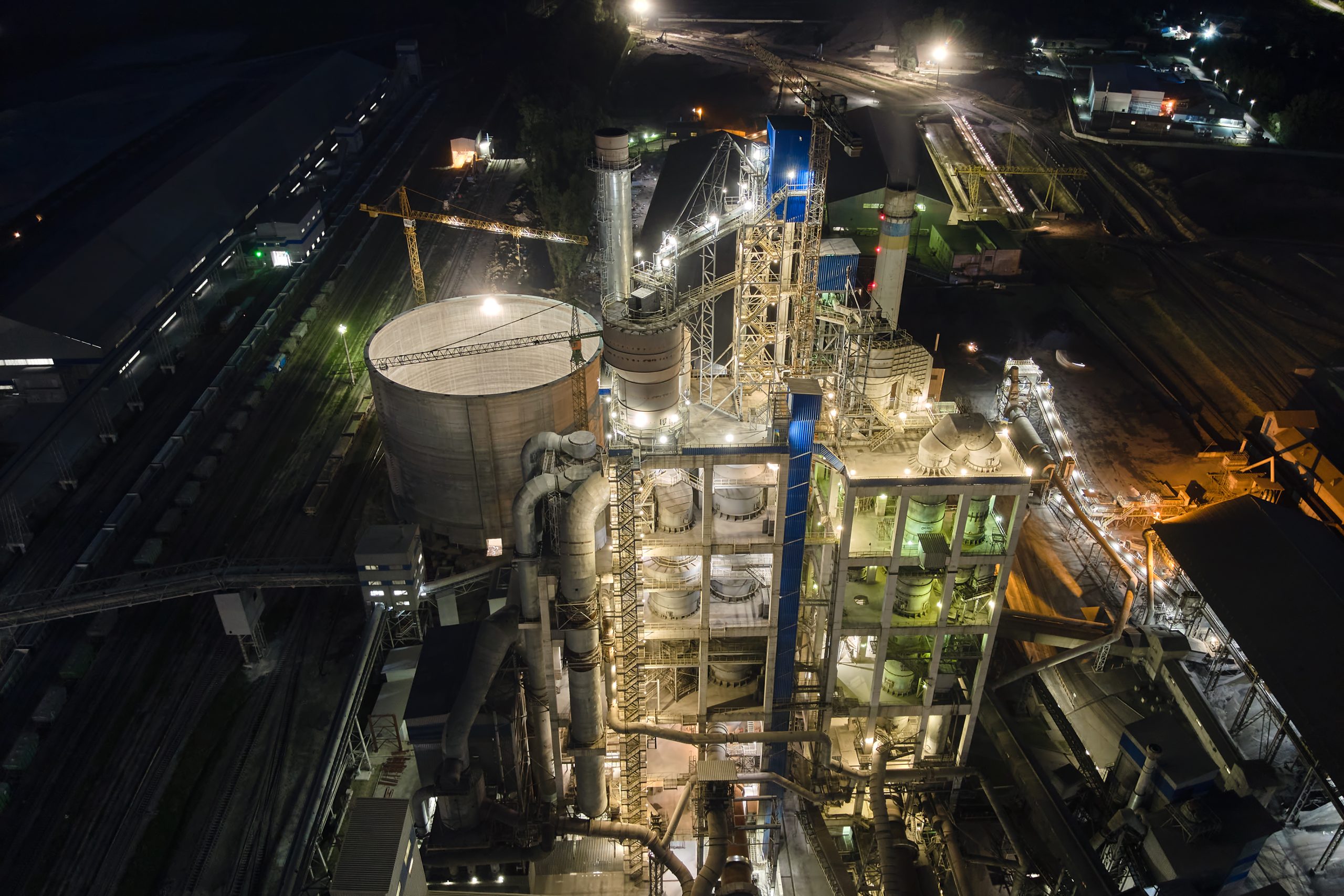 Aerial view of cement factory with high concrete plant structure