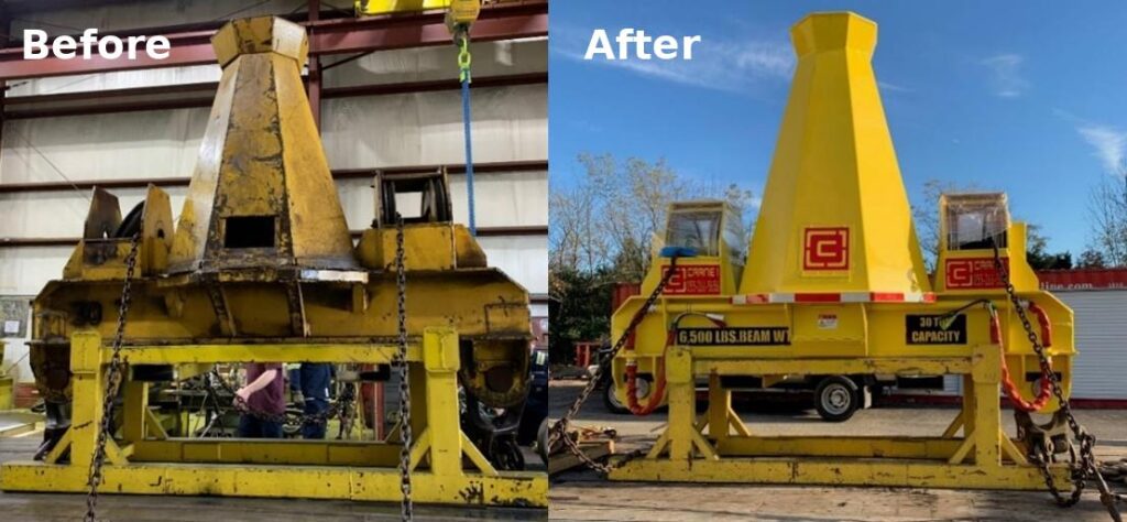 Side-by-side comparison of a large yellow industrial machine before restoration (left, rusty and worn) and after restoration (right, clean and newly painted).
