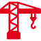 Red icon of a tower crane with a hook hanging from the arm, shown on a plain background.