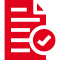 Red icon of a document with horizontal lines and a corner folded, next to a checkmark inside a circle.