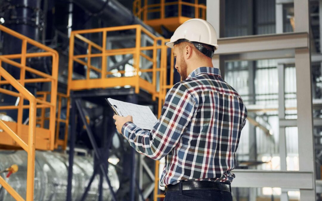 Person in a hard hat and plaid shirt stands in an industrial facility, reviewing documents or plans on a clipboard. Yellow metal structures and equipment are visible in the background.